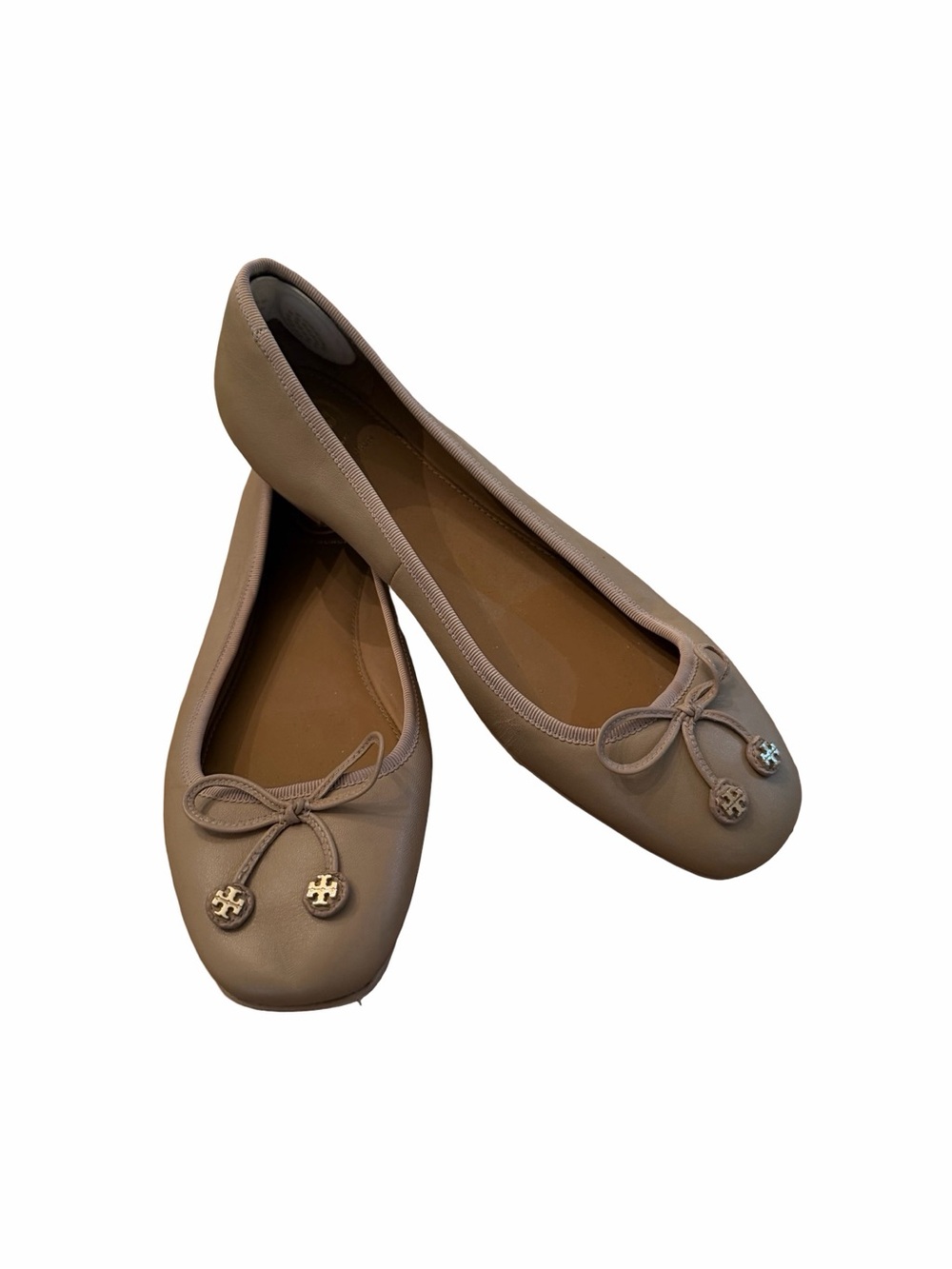 Tory Burch Taupe Leather Bow Ballet Flats with Gold Logo Charms